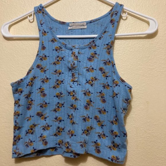 Urban Outfitters Blue Floral Pattern 1/4 Snap Tank Crop Top Women's Size S - Picture 1 of 5